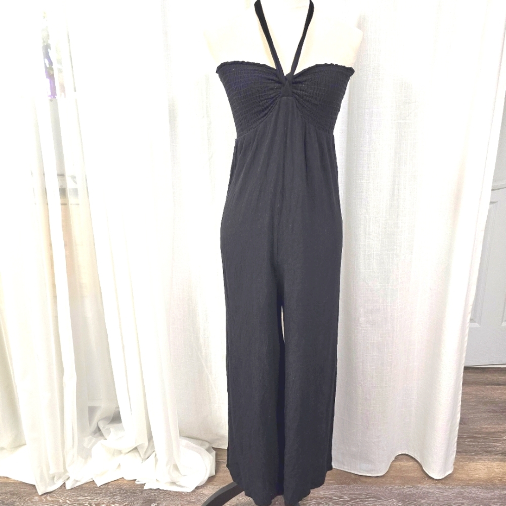 2/$30 Timing Black Smocked‎ Halter Jumpsuit Womens Size S